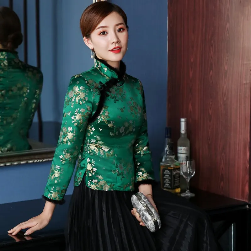 3/4 Sleeve Floral Brocade Traditional Chinese Wadded Coat