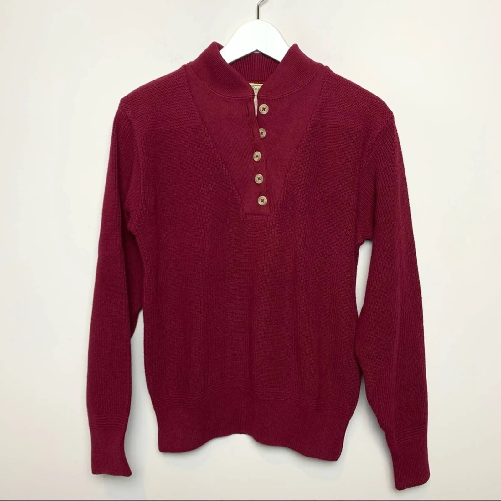 80s L.L. Bean Maroon Sweater Button Down Bib Pullover Crewneck 90s Medium