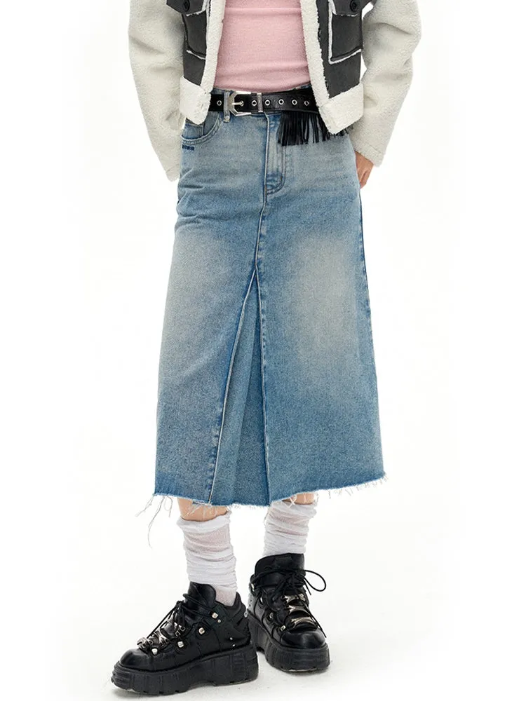 Accordion Hem Raw Edge Denim Skirt