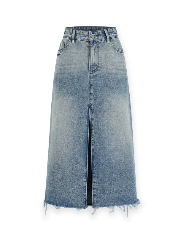 Accordion Hem Raw Edge Denim Skirt