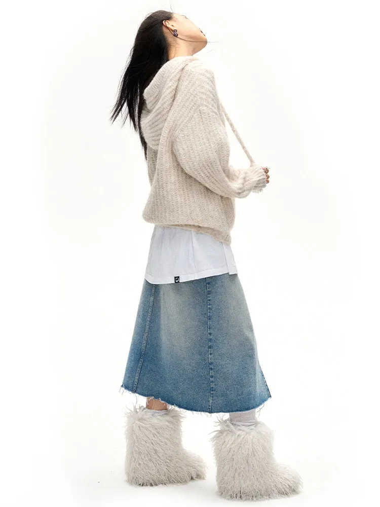 Accordion Hem Raw Edge Denim Skirt