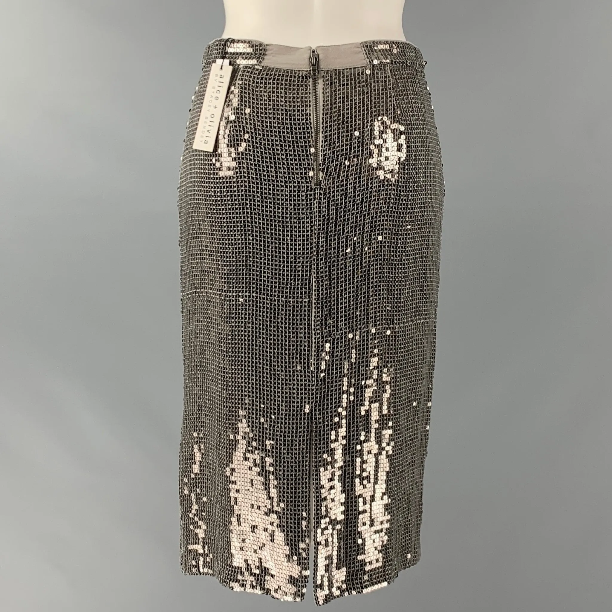 ALICE   OLIVIA Size 2 Silver Viscose Sequined Pencil Skirt