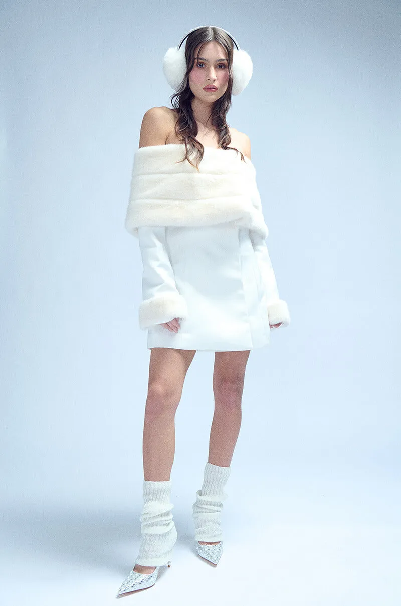 APRES SKI OFF SHOULDER FAUX FUR MINI DRESS