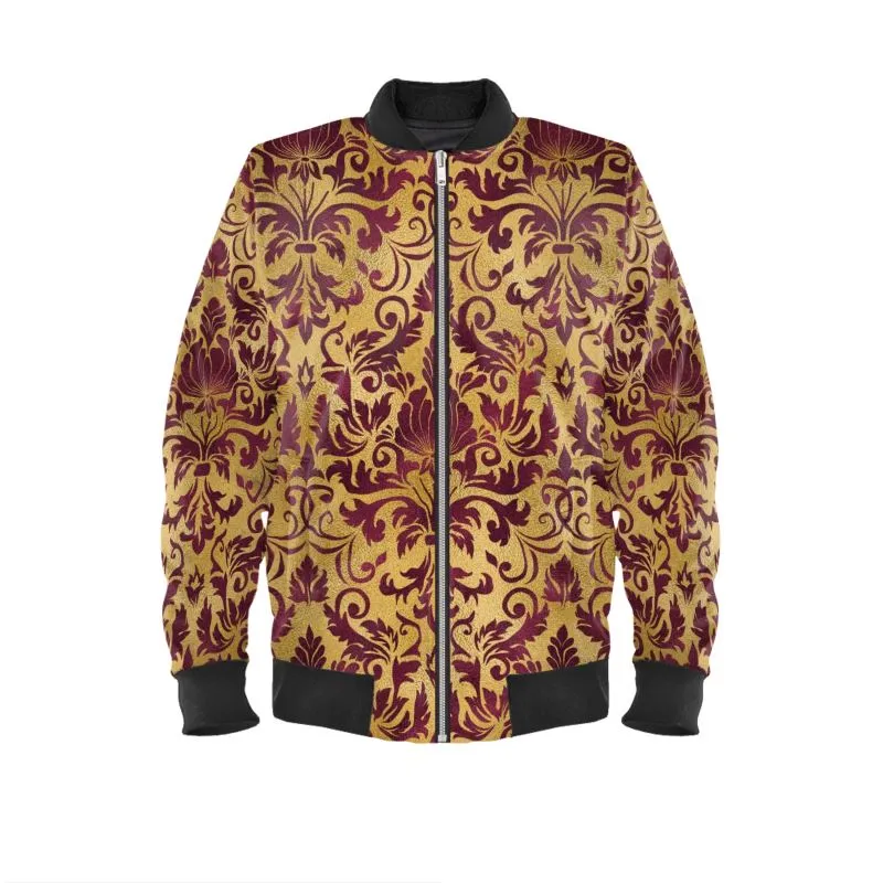 Art Nouveau Maroon and Gold Bomber Jacket, in either Marbled Velvet, Satin, Jersey or Waterproof Outer