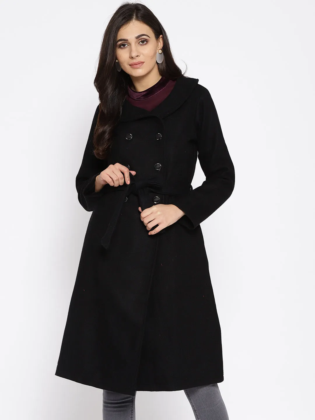Athena Women Black Solid Longline Woolen Long Sleeve Overcoat