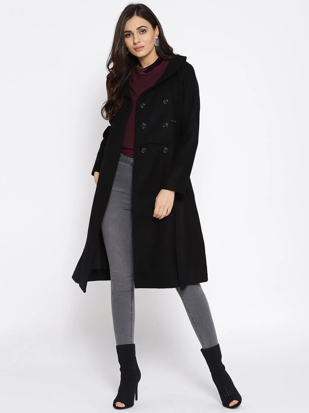 Athena Women Black Solid Longline Woolen Long Sleeve Overcoat