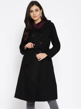 Athena Women Black Solid Longline Woolen Long Sleeve Overcoat