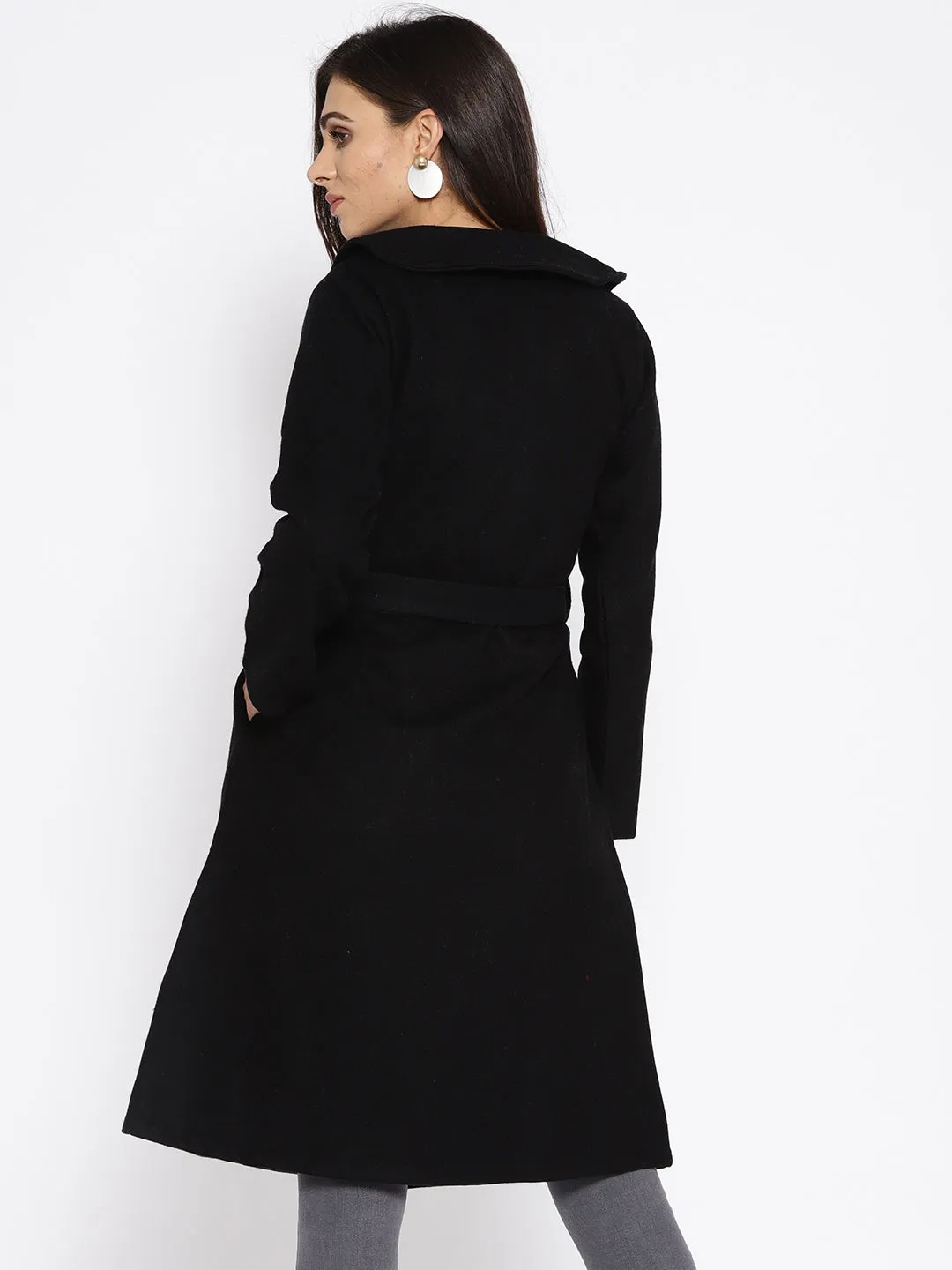 Athena Women Black Solid Longline Woolen Long Sleeve Overcoat