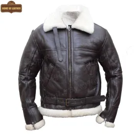 B025 Men's RAF Flying Aviator Real Shearling Fur Bomber Brown Winter Leather Jacket