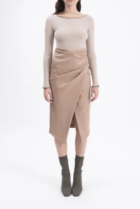 Beige Draped Faux Leather Midi Skirt