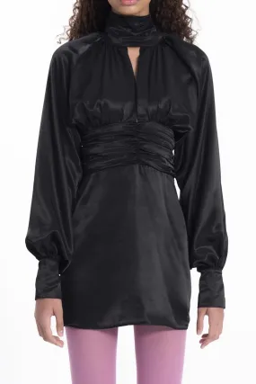 Black High Collar Balloon Sleeve Mini Satin Dress