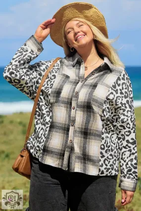 Black Plus Size Plaid Leopard Printed Patchwork Button Up Shacket