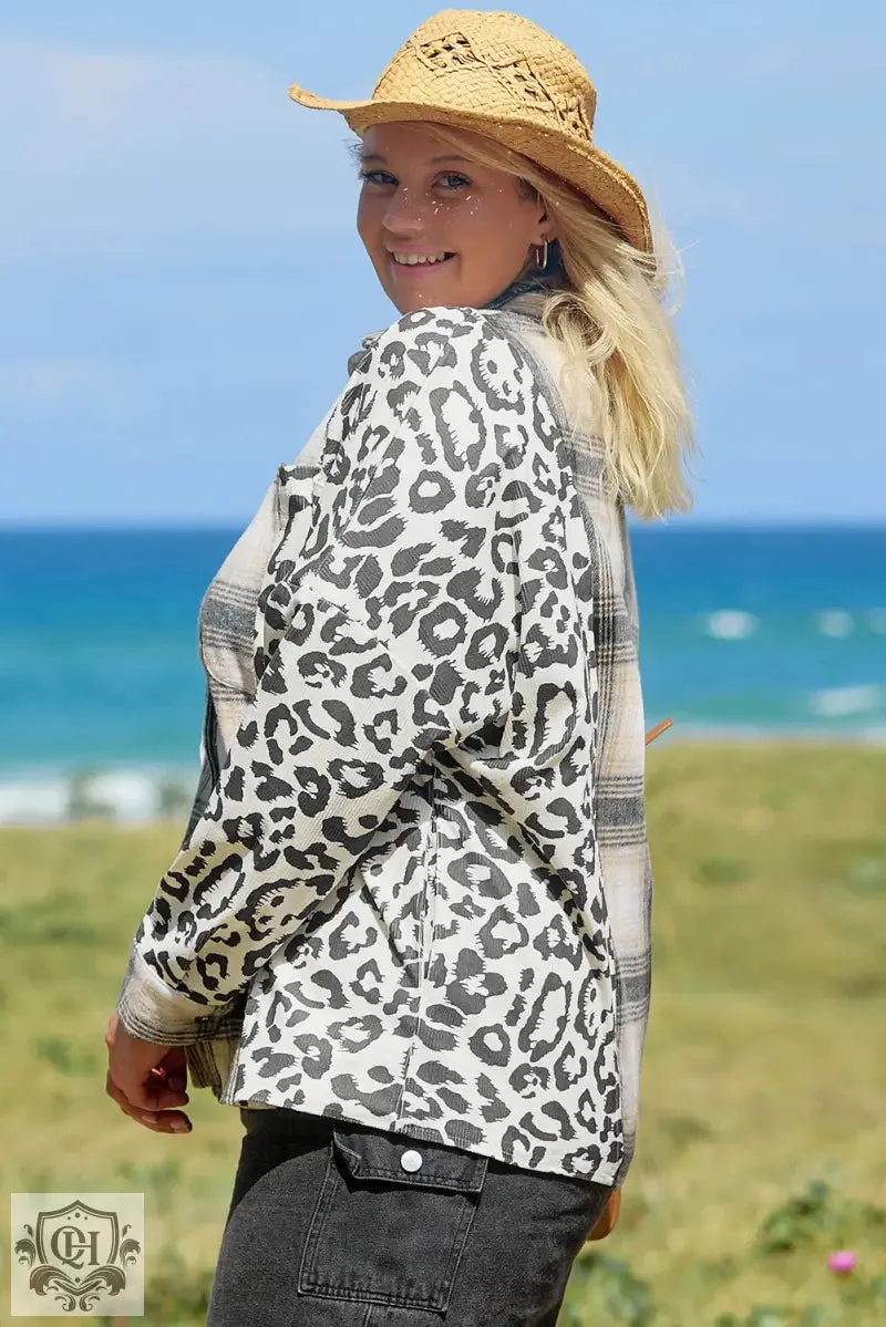 Black Plus Size Plaid Leopard Printed Patchwork Button Up Shacket