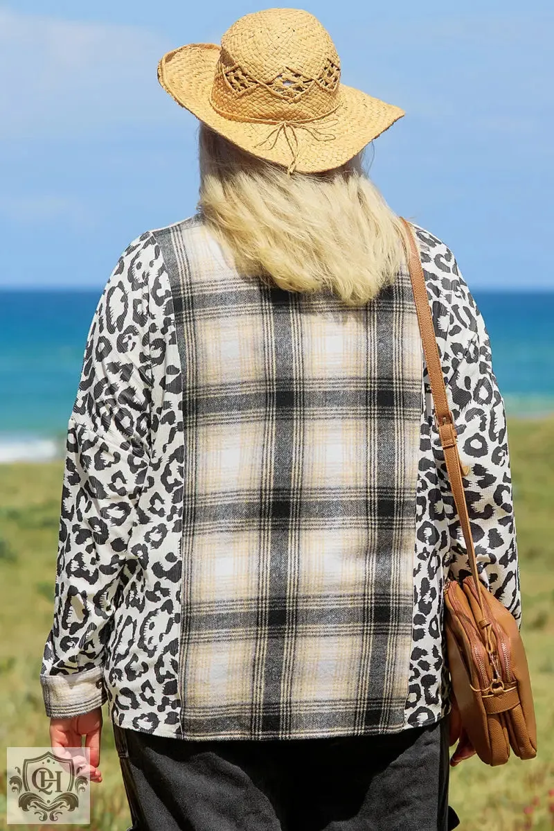 Black Plus Size Plaid Leopard Printed Patchwork Button Up Shacket