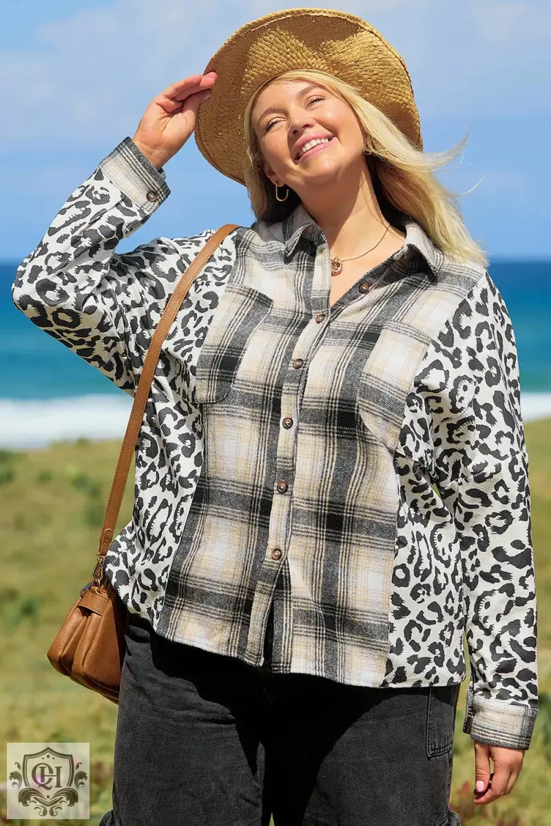 Black Plus Size Plaid Leopard Printed Patchwork Button Up Shacket