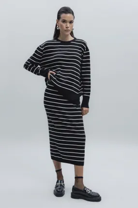 Black Striped Knitted Midi Pencil Skirt