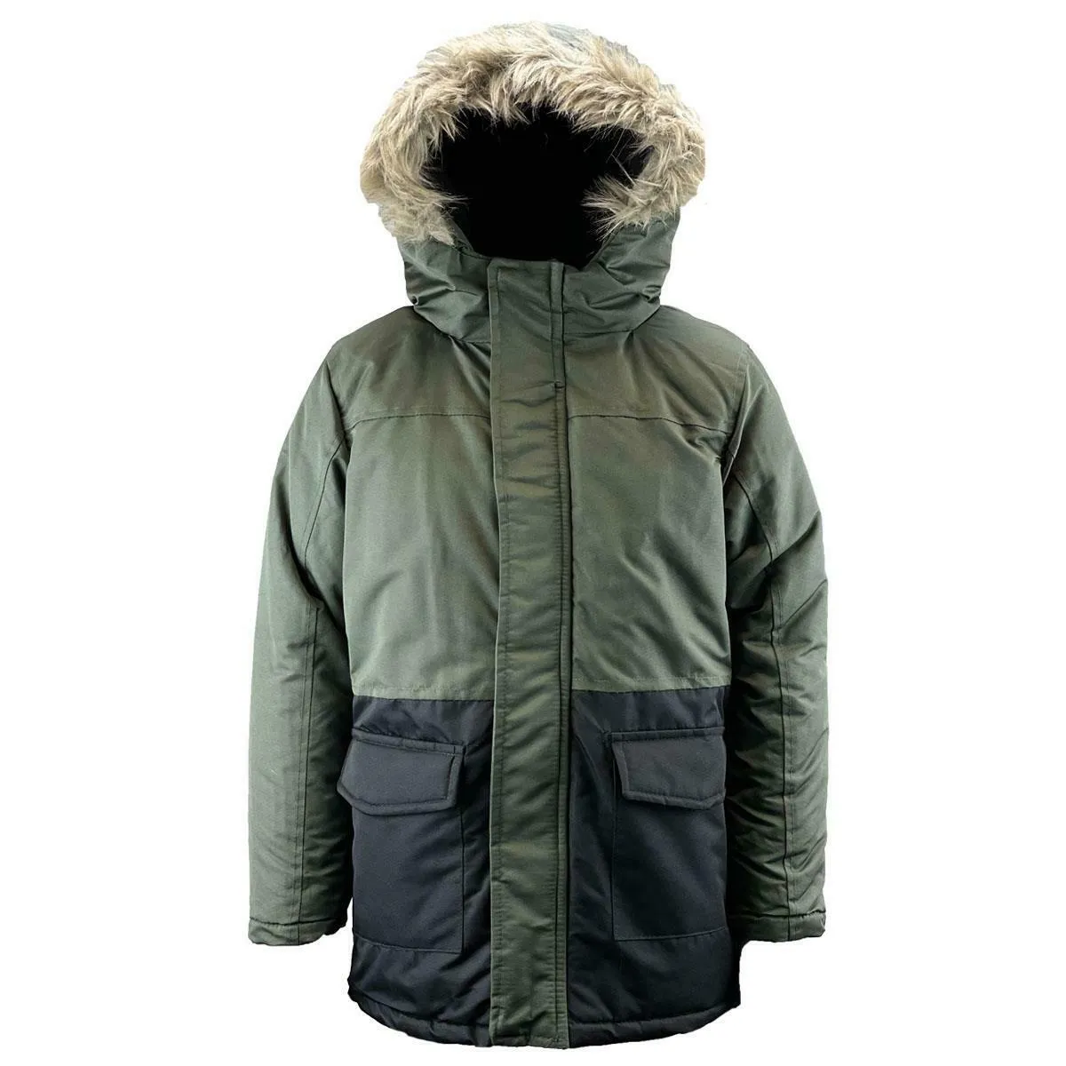 Boys Olive & Black Padded Fleece Lined Parka Hooded Coat