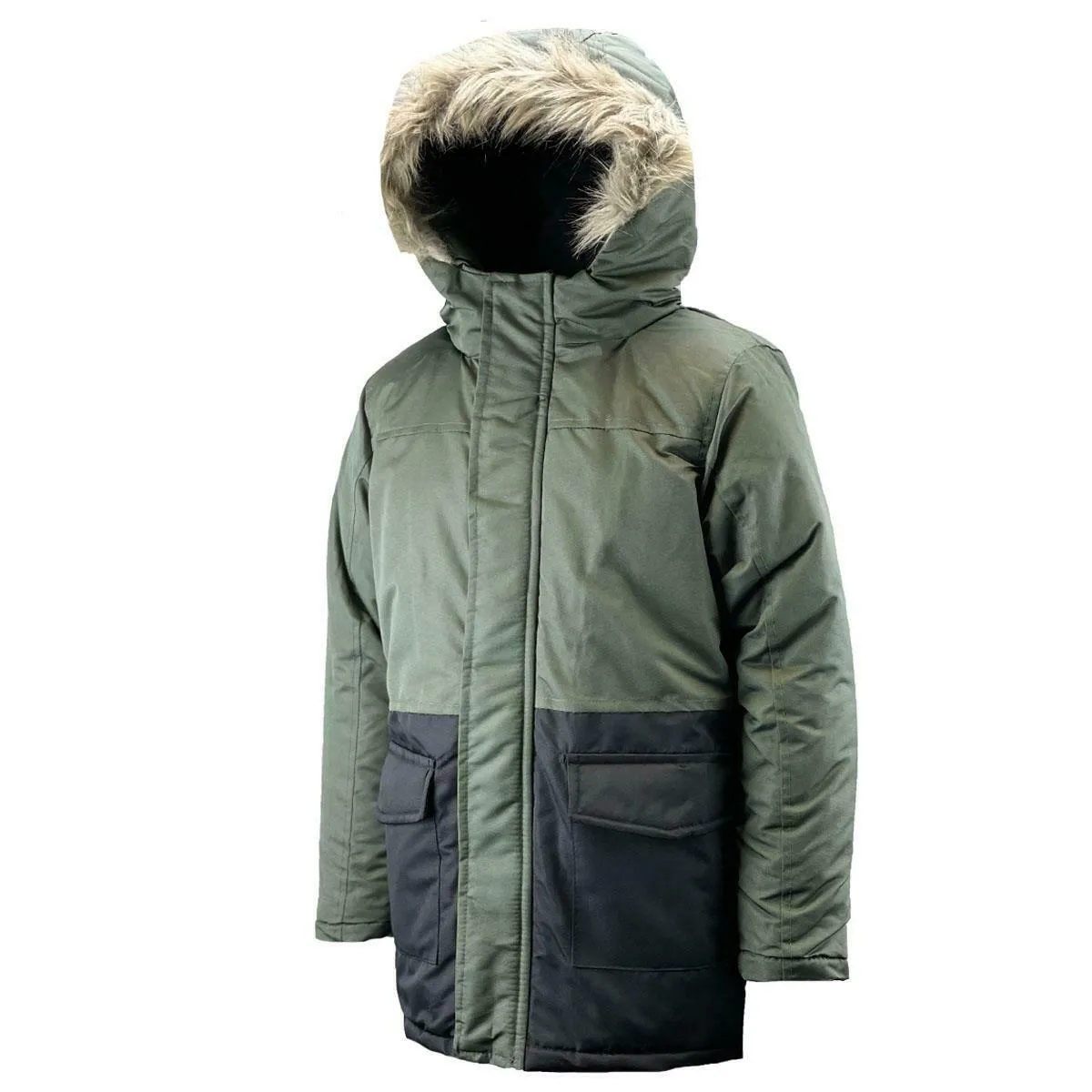 Boys Olive & Black Padded Fleece Lined Parka Hooded Coat