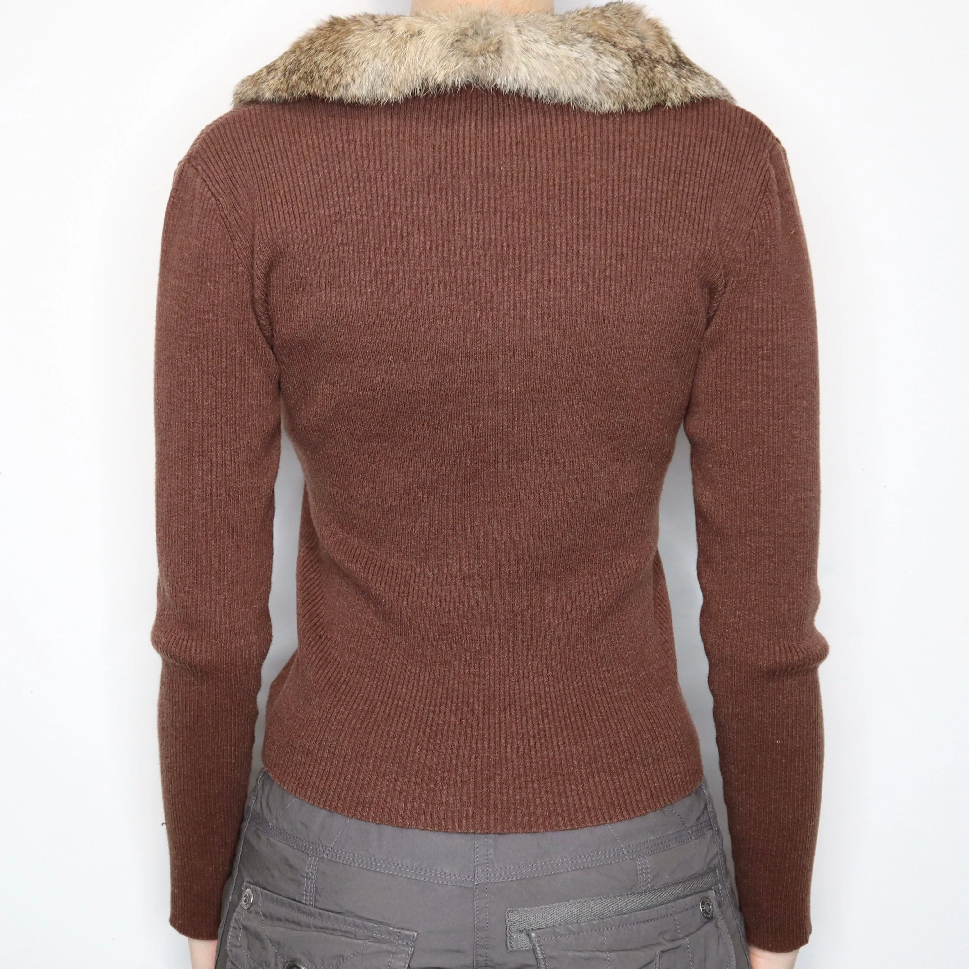 Brown Fur Collar Cardigan (S-M)