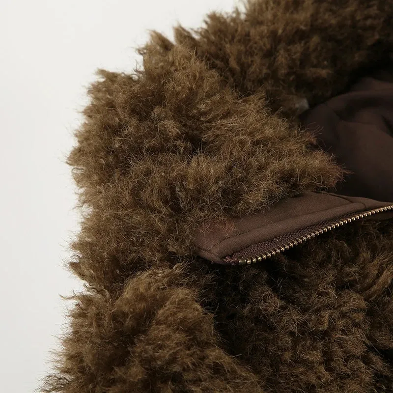 Brown Fur Collar Front Zip-Up Ruched Trim Jacket