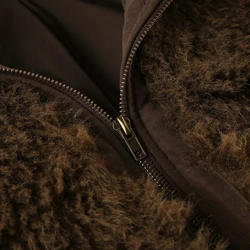 Brown Fur Collar Front Zip-Up Ruched Trim Jacket