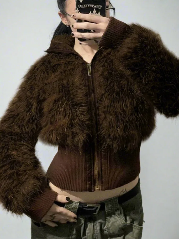 Brown Fur Collar Front Zip-Up Ruched Trim Jacket