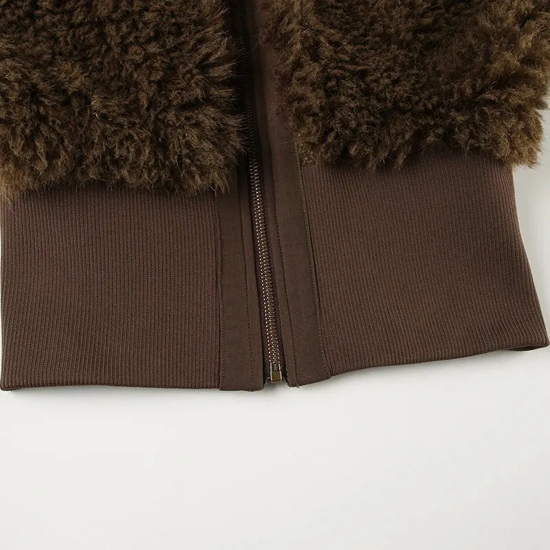 Brown Fur Collar Front Zip-Up Ruched Trim Jacket