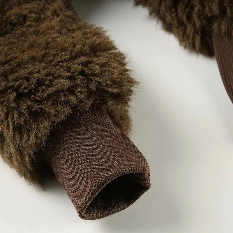 Brown Fur Collar Front Zip-Up Ruched Trim Jacket