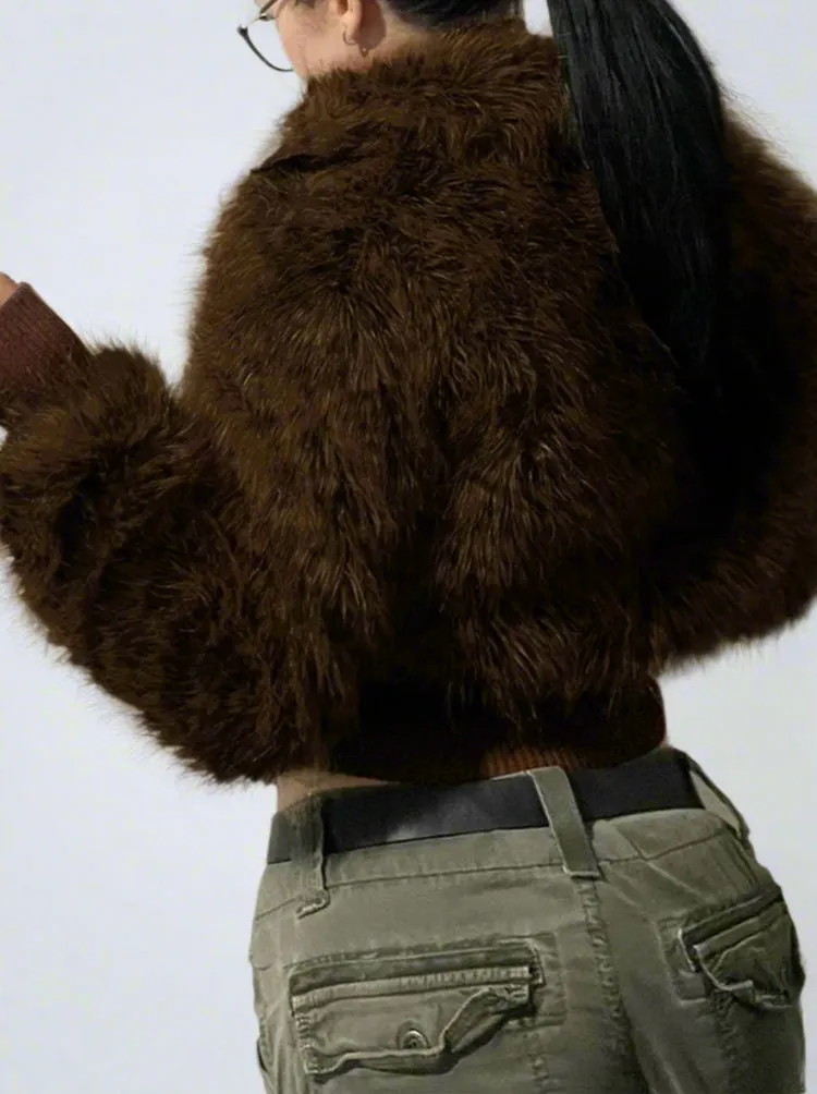 Brown Fur Collar Front Zip-Up Ruched Trim Jacket