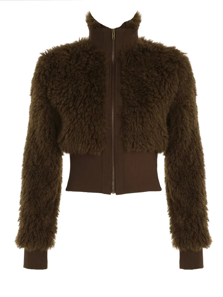 Brown Fur Collar Front Zip-Up Ruched Trim Jacket