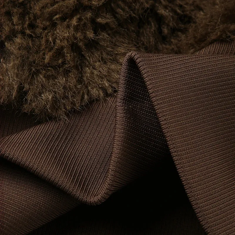 Brown Fur Collar Front Zip-Up Ruched Trim Jacket