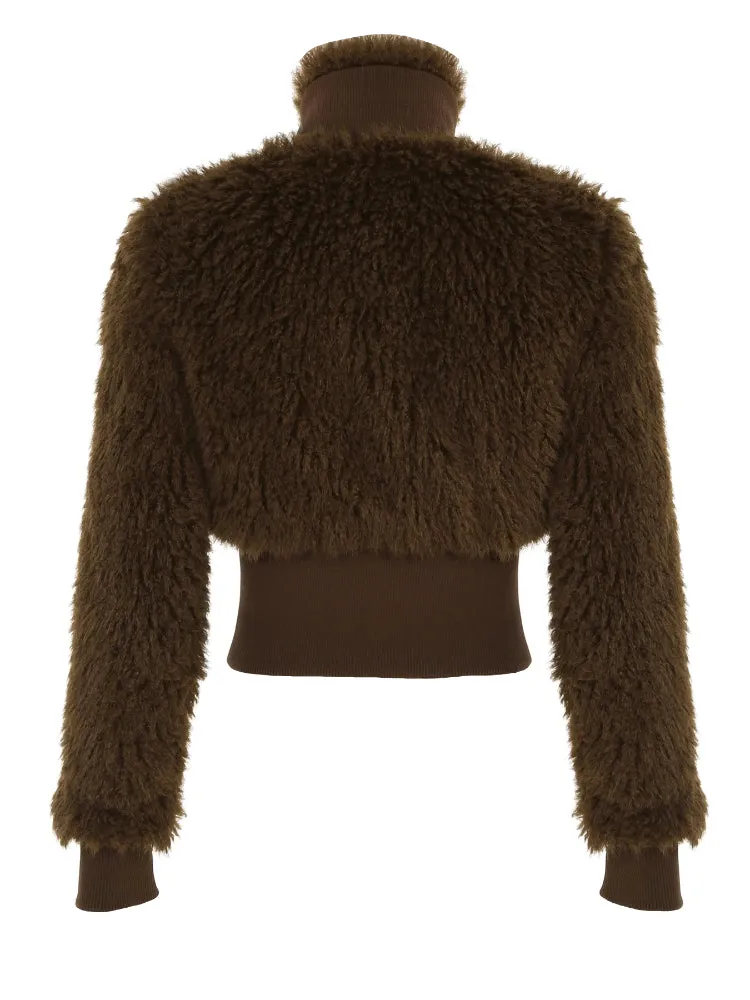 Brown Fur Collar Front Zip-Up Ruched Trim Jacket