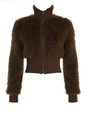Brown Fur Collar Front Zip-Up Ruched Trim Jacket
