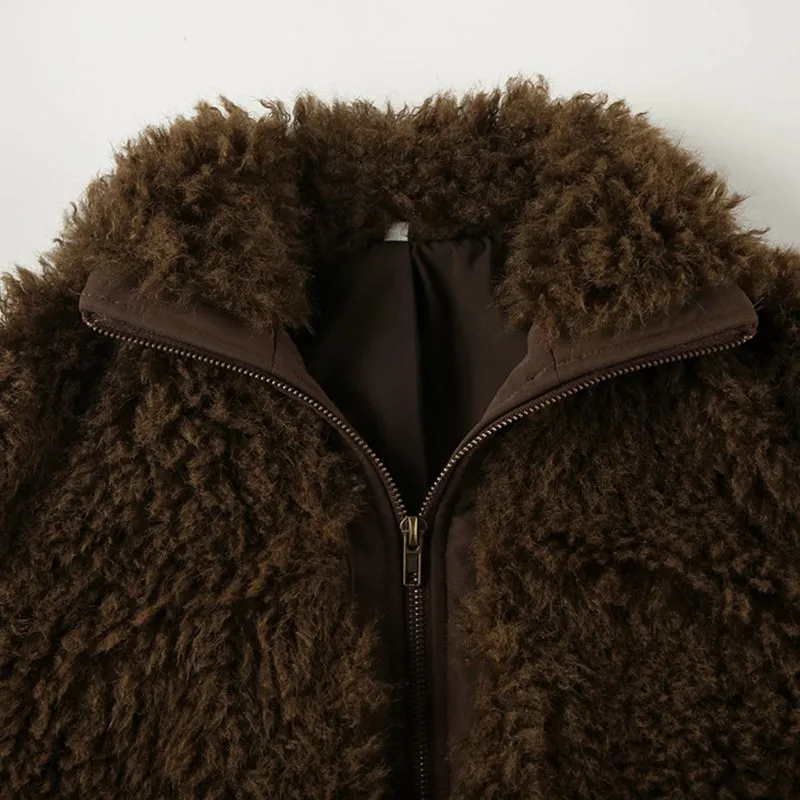Brown Fur Collar Front Zip-Up Ruched Trim Jacket