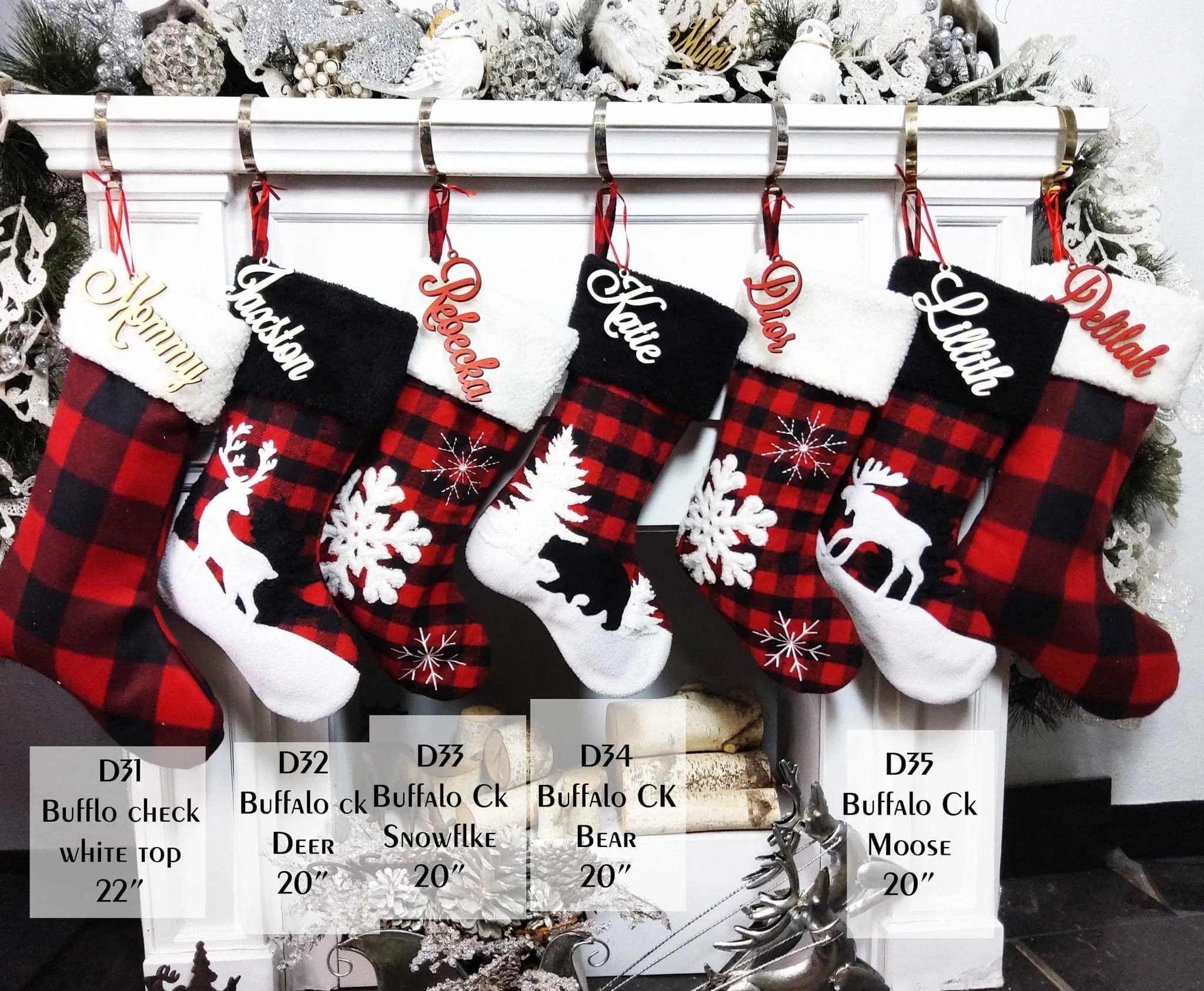 Buffalo Check Plaid Red Black White Faux Fur Lodge Deer Bear Snowflake Personalized Christmas Stockings Family Xmas