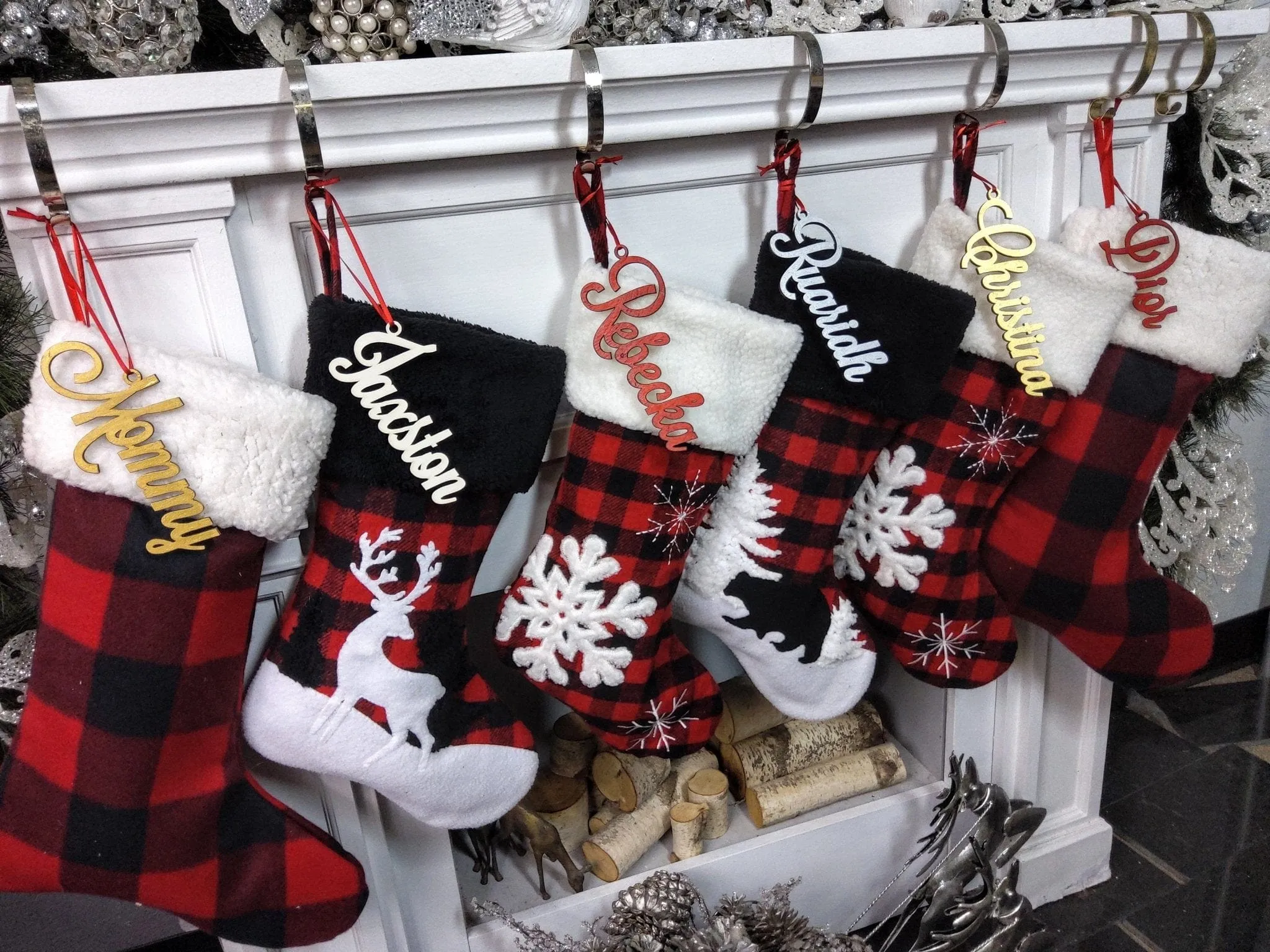 Buffalo Check Plaid Red Black White Faux Fur Lodge Deer Bear Snowflake Personalized Christmas Stockings Family Xmas