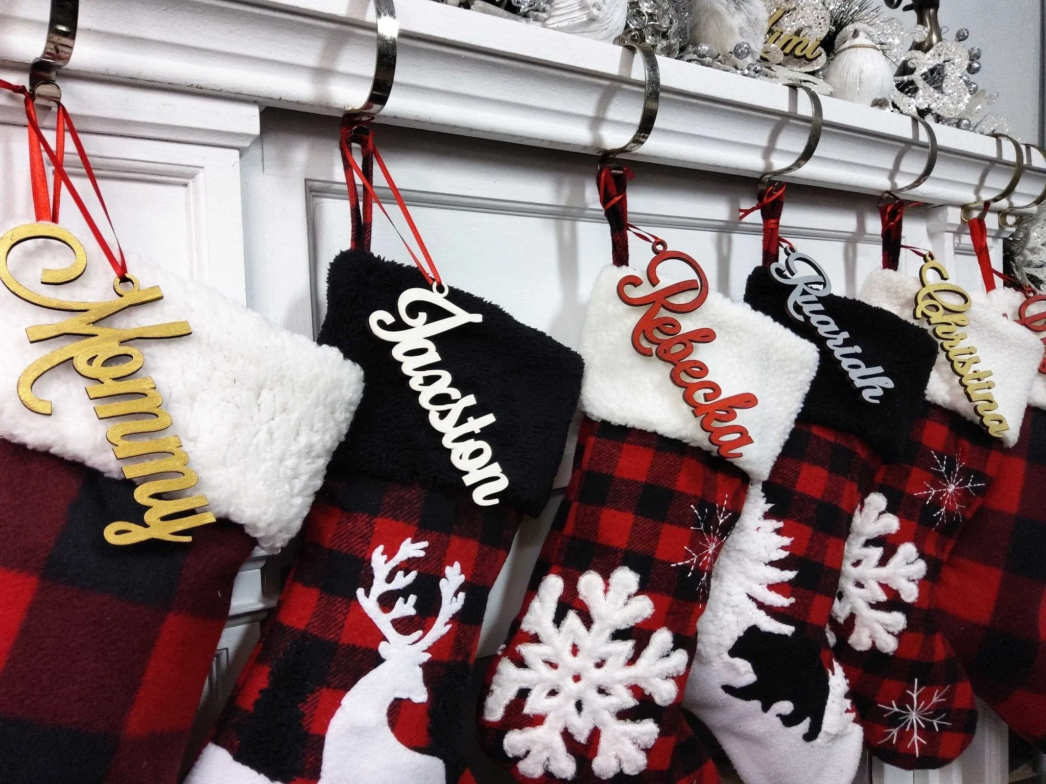 Buffalo Check Plaid Red Black White Faux Fur Lodge Deer Bear Snowflake Personalized Christmas Stockings Family Xmas