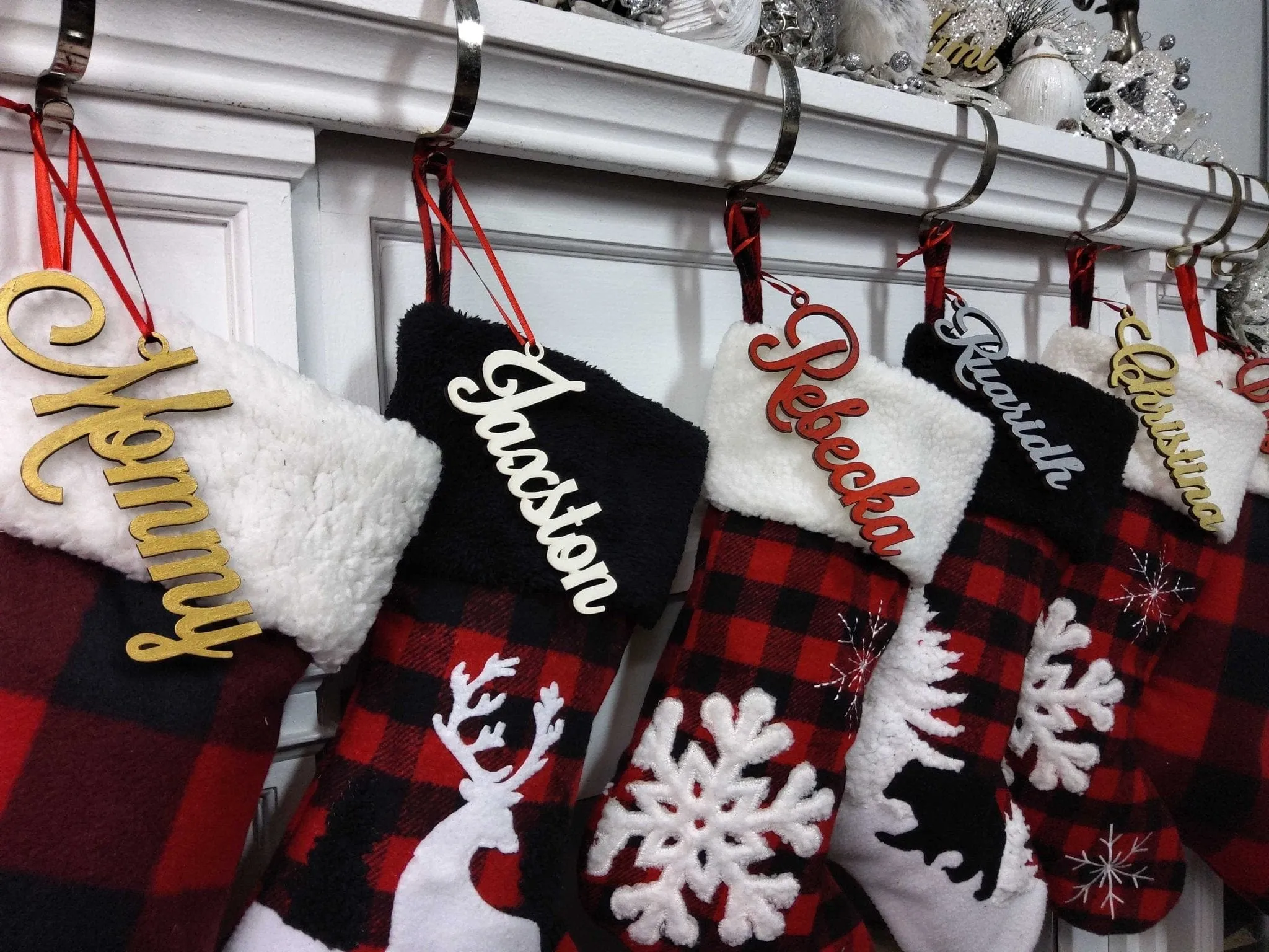 Buffalo Check Plaid Red Black White Faux Fur Lodge Deer Bear Snowflake Personalized Christmas Stockings Family Xmas