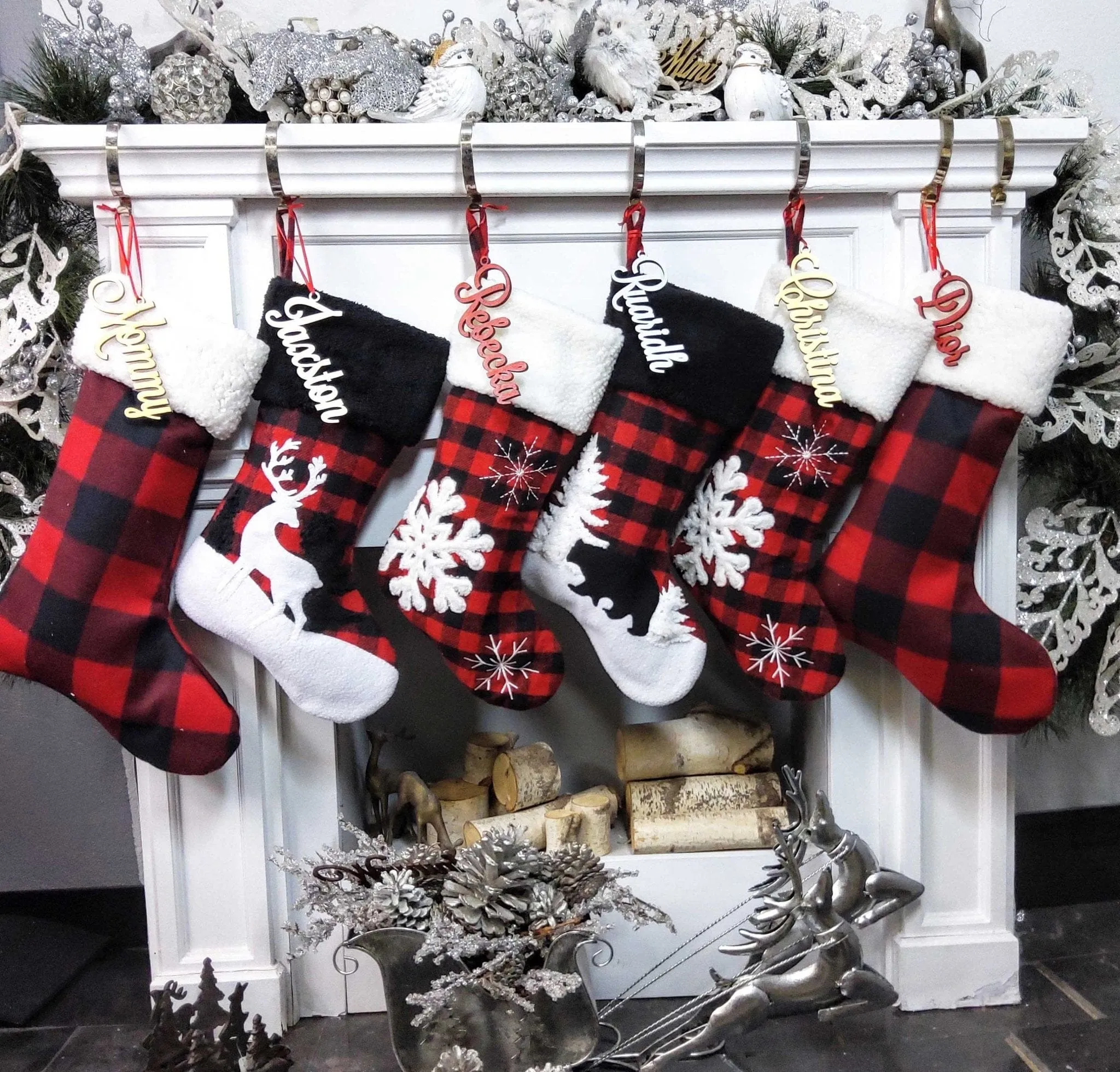 Buffalo Check Plaid Red Black White Faux Fur Lodge Deer Bear Snowflake Personalized Christmas Stockings Family Xmas