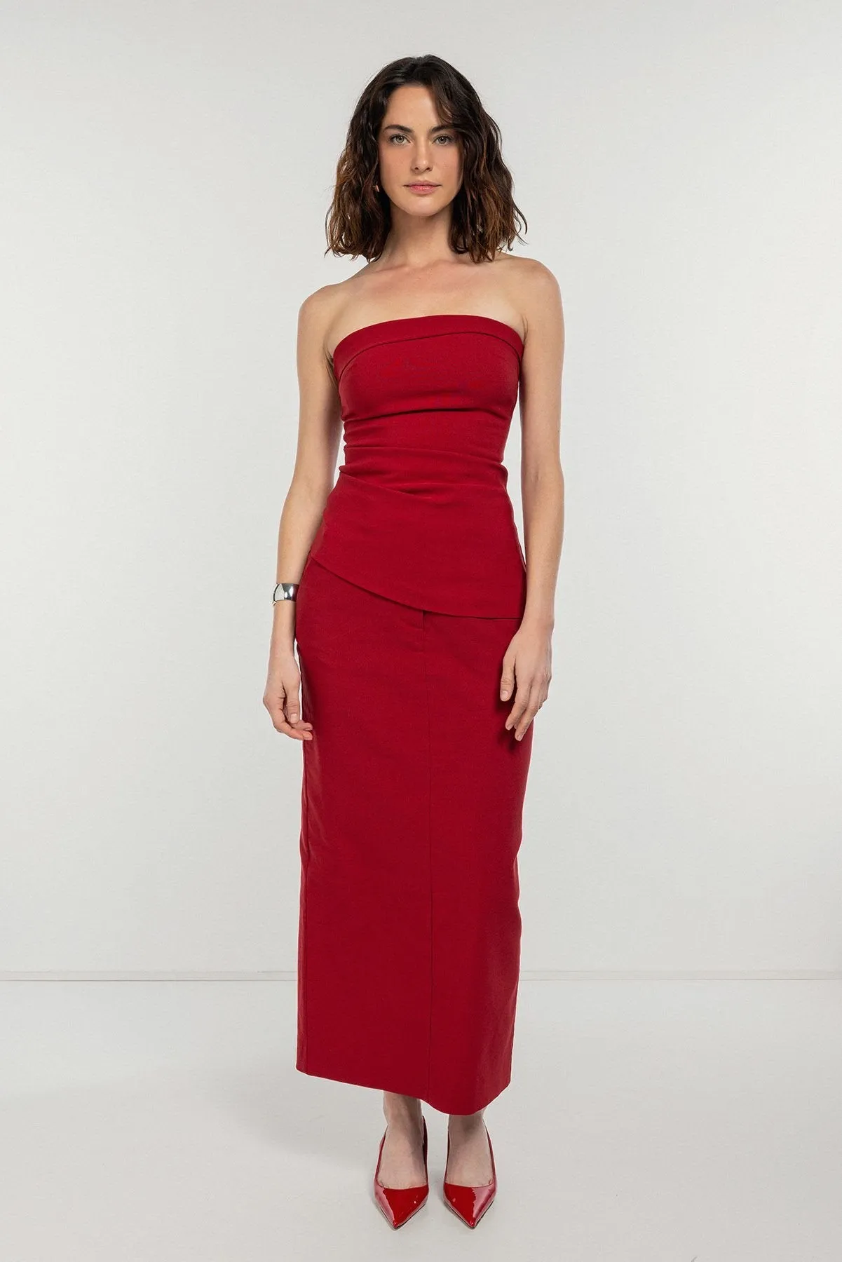 Burgundy Fitted Pencil Midi Skirt