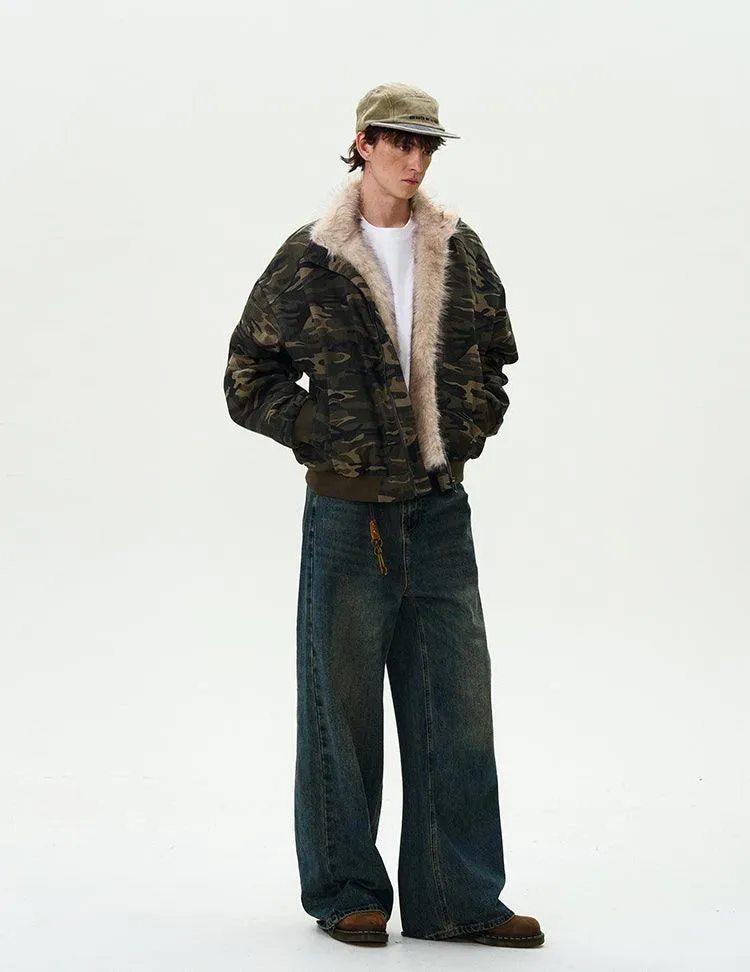 CAMOUFLAGE FAUX FUR COLLAR BOMBER JACKET