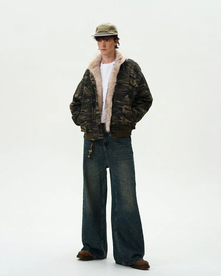CAMOUFLAGE FAUX FUR COLLAR BOMBER JACKET