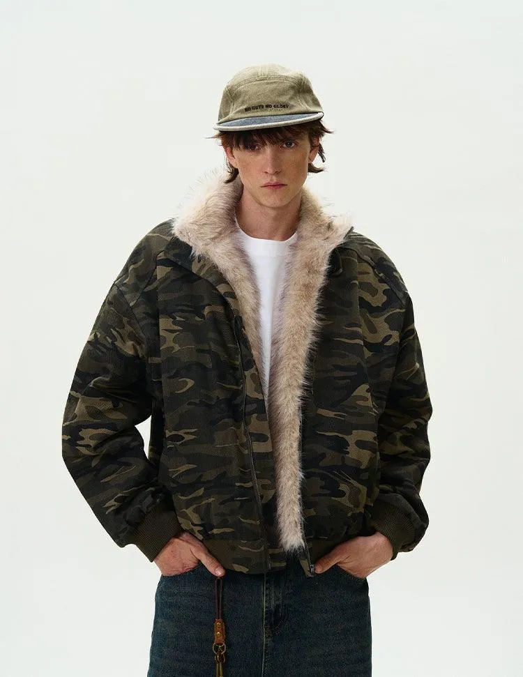 CAMOUFLAGE FAUX FUR COLLAR BOMBER JACKET