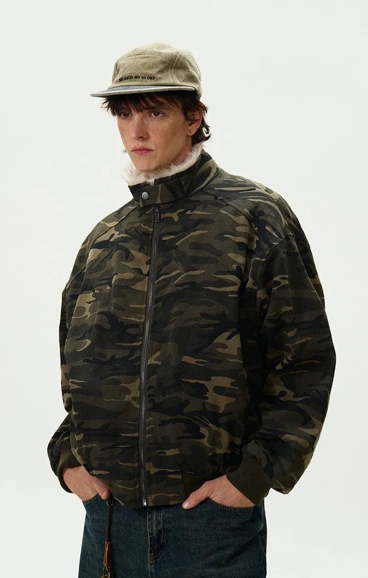 CAMOUFLAGE FAUX FUR COLLAR BOMBER JACKET