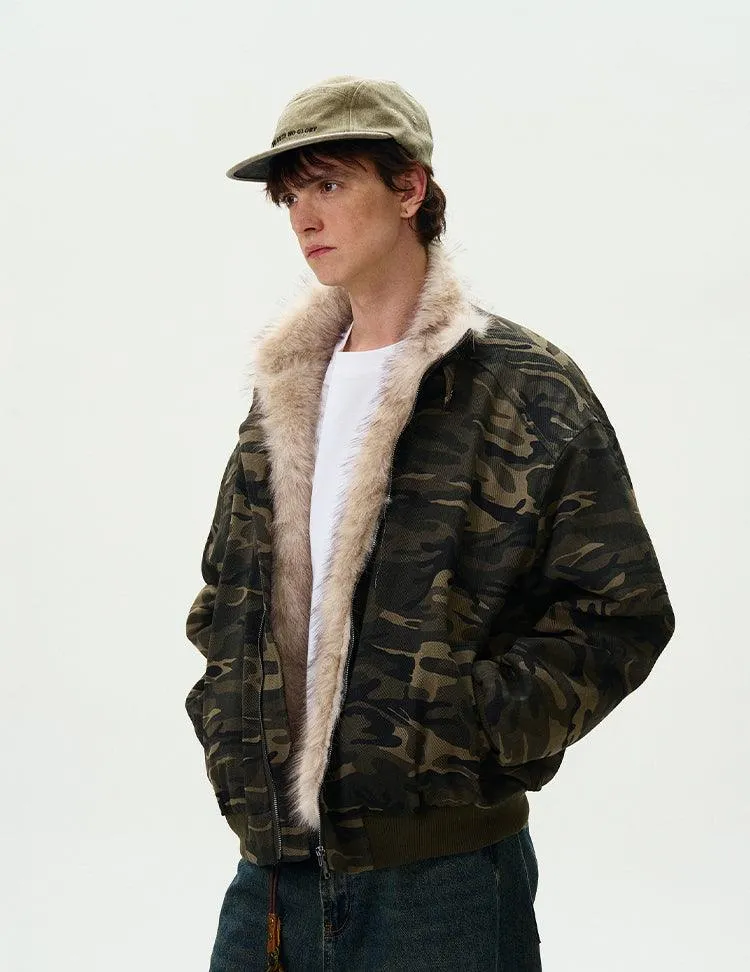 CAMOUFLAGE FAUX FUR COLLAR BOMBER JACKET
