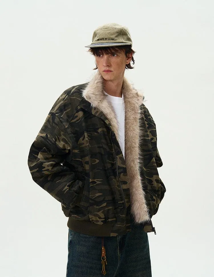 CAMOUFLAGE FAUX FUR COLLAR BOMBER JACKET
