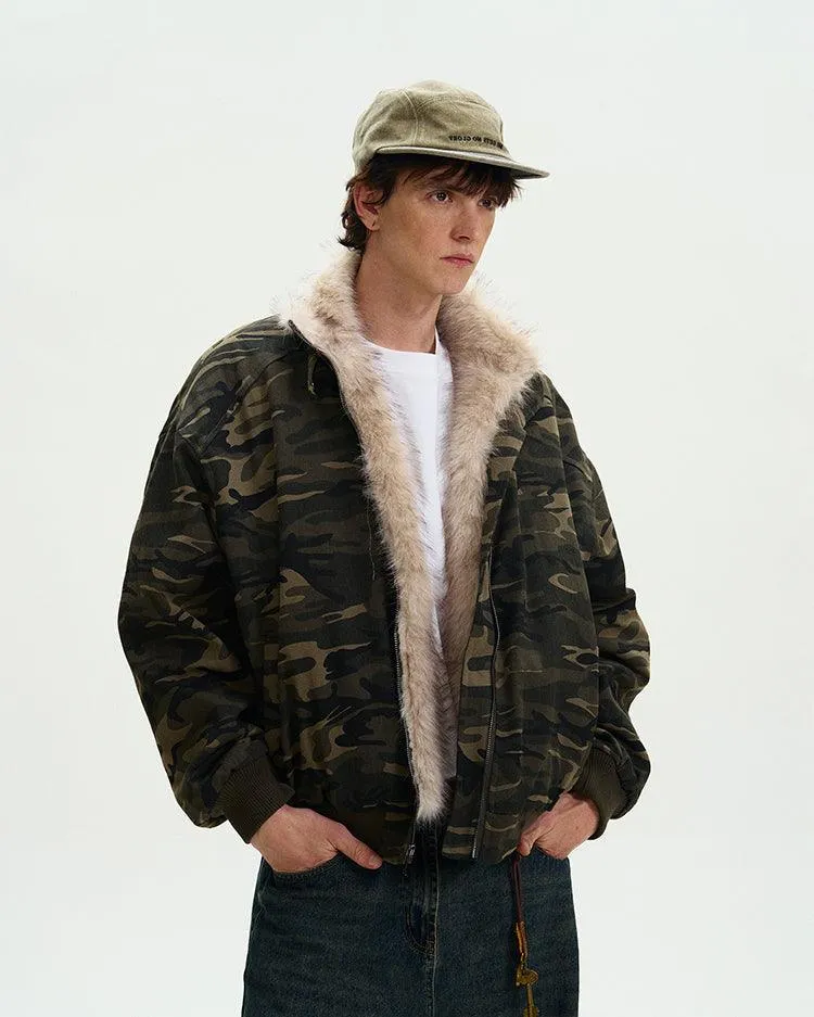 CAMOUFLAGE FAUX FUR COLLAR BOMBER JACKET