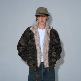 CAMOUFLAGE FAUX FUR COLLAR BOMBER JACKET