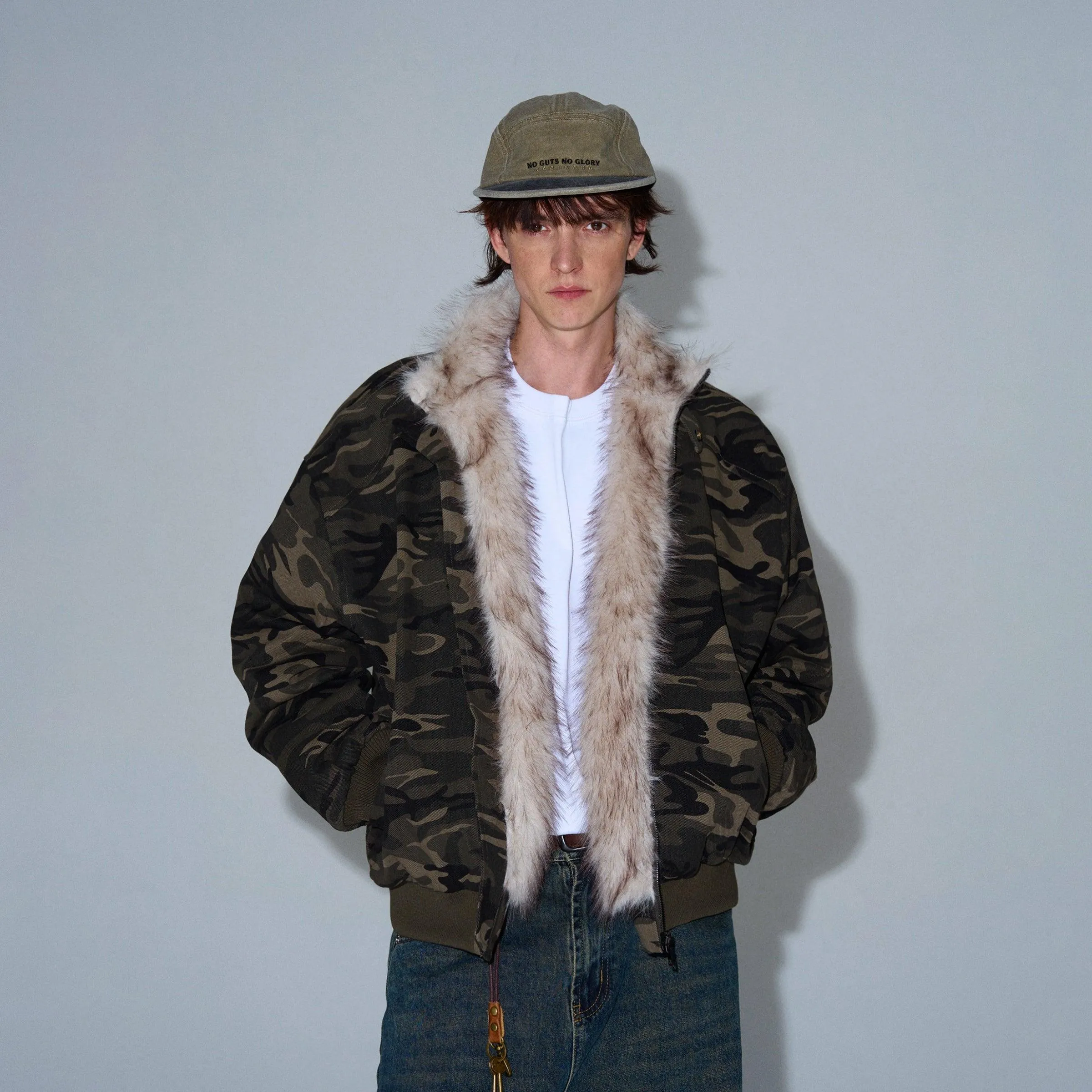 CAMOUFLAGE FAUX FUR COLLAR BOMBER JACKET