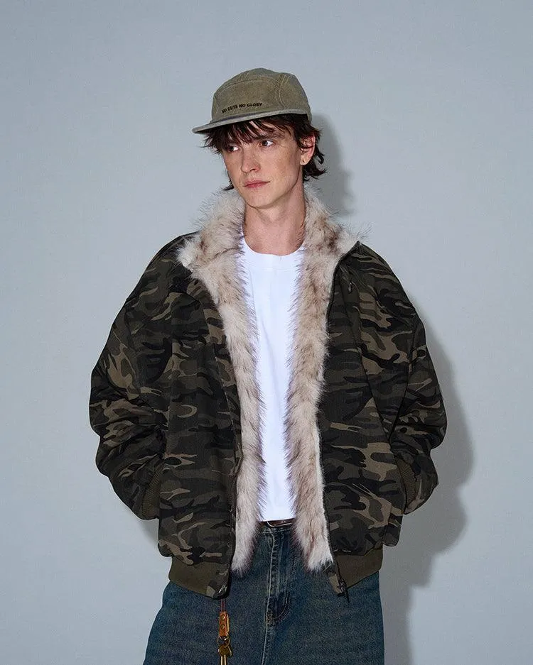 CAMOUFLAGE FAUX FUR COLLAR BOMBER JACKET